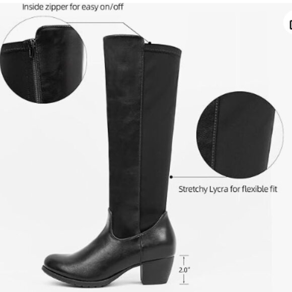 Knee High Tall Riding Boots, Round Toe Low Heel Stretchy Comfy Wide Calf - Picture 5 of 5